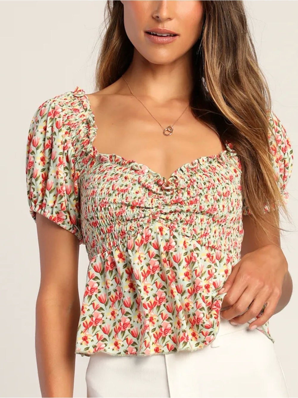 Lulu’s Such A Flirt Sage Floral Smocked Peplum Short Sleeve Top
